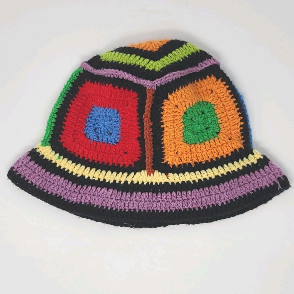 Handmade CROCHET Granny Square BUCKET HAT Colorful Boho Vintage Hippie